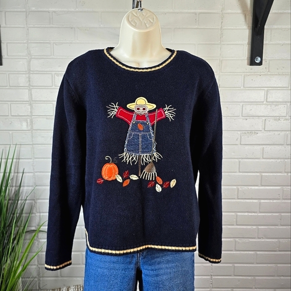 Christopher And Banks Navy Sweater with Scarecrow Embroidery Size Small - Picture 1 of 9